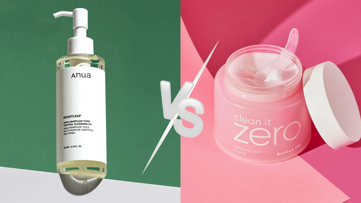 Anua Heartleaf Pore Control Cleansing Oil beside an open tub of Banila Co Clean It Zero, the oil and the balm compared