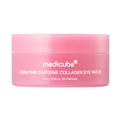 Medicube PDRN Pink Caffeine Collagen Eye Patch, jar of 60 pink hydrogel eye patches with salmon PDRN and caffeine