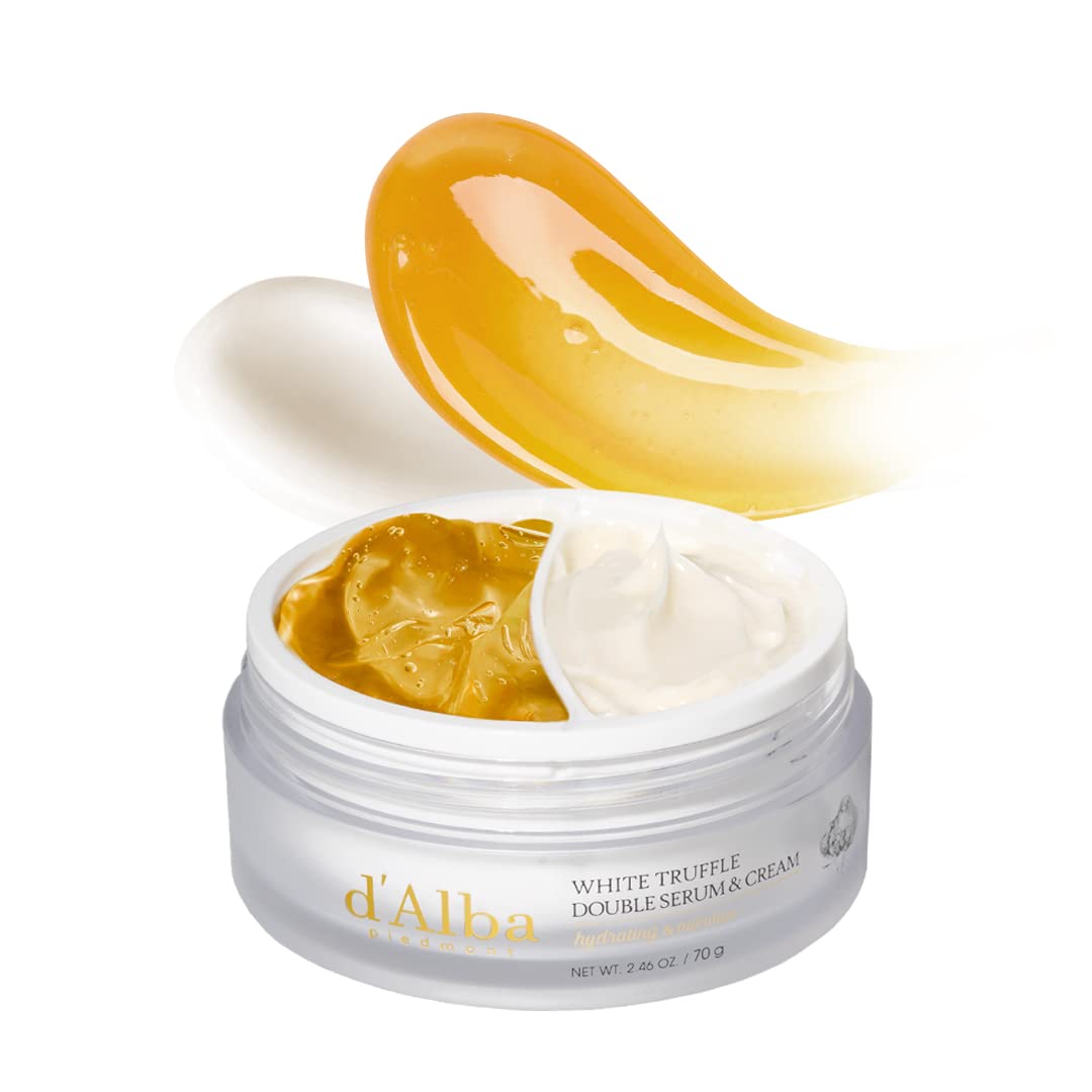 d'Alba White Truffle Double Serum and Cream 70g, dual chamber pump bottle with serum and cream sides