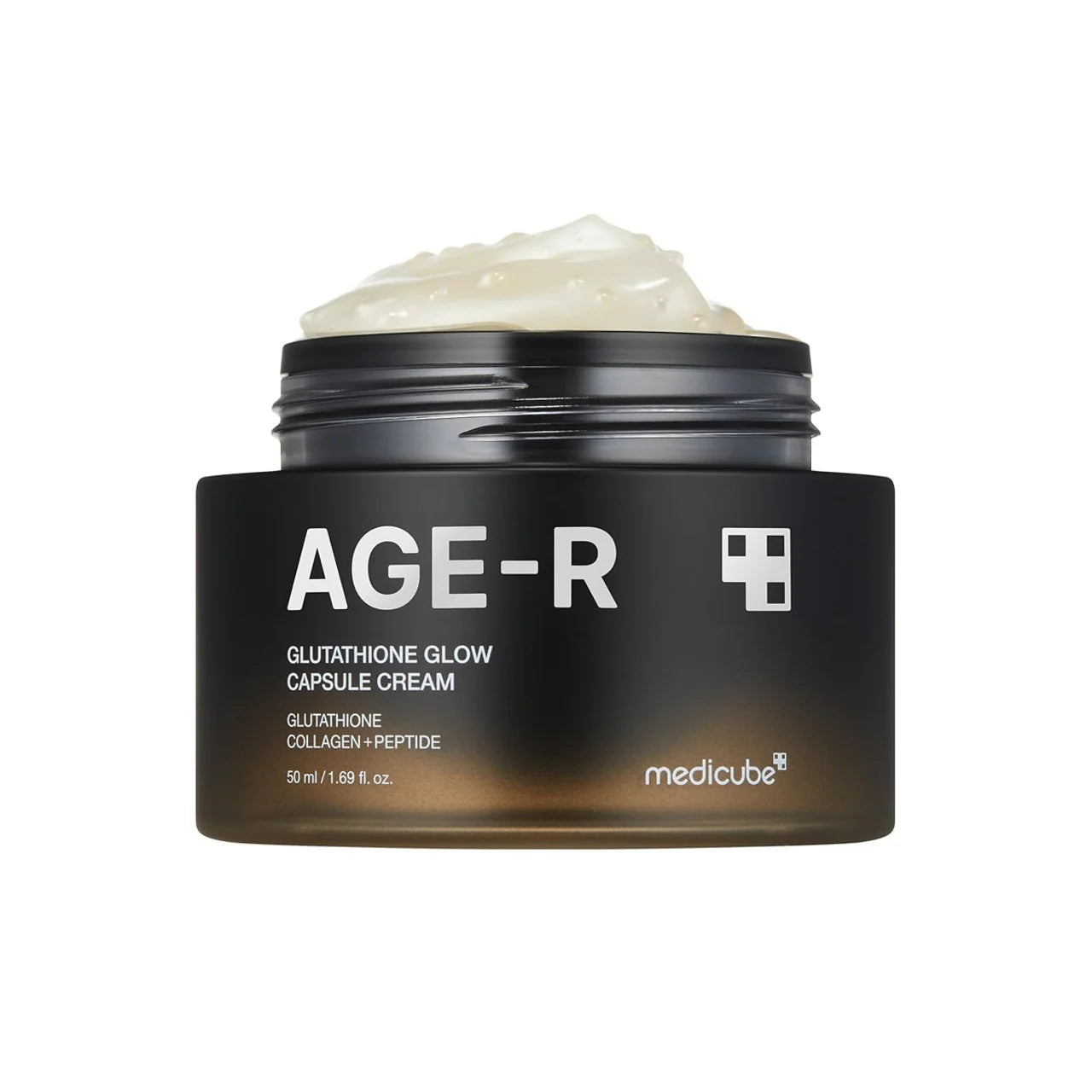 Medicube AGE-R Glutathione Glow Capsule Cream 50ml, white jar with glow capsules suspended in clear gel