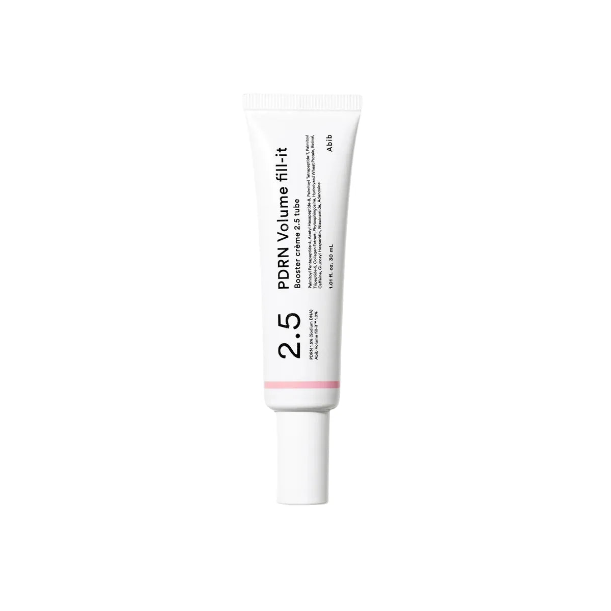 Abib PDRN Volume Fill-it Booster Crème 2.5 Tube 30ml, a white tube with a pink band