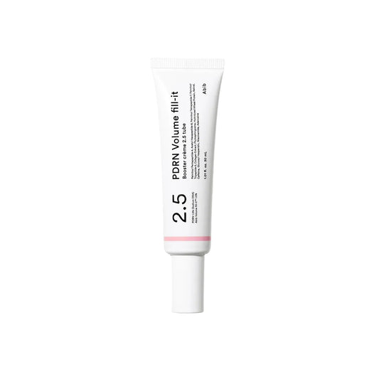 Abib PDRN Volume Fill-it Booster Crème 2.5 Tube 30ml, a white tube with a pink band