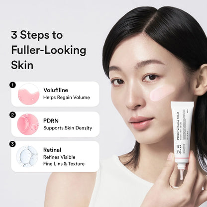 Woman holding the Abib PDRN Volume Fill-it tube by her cheek, with Volufiline, PDRN and retinal