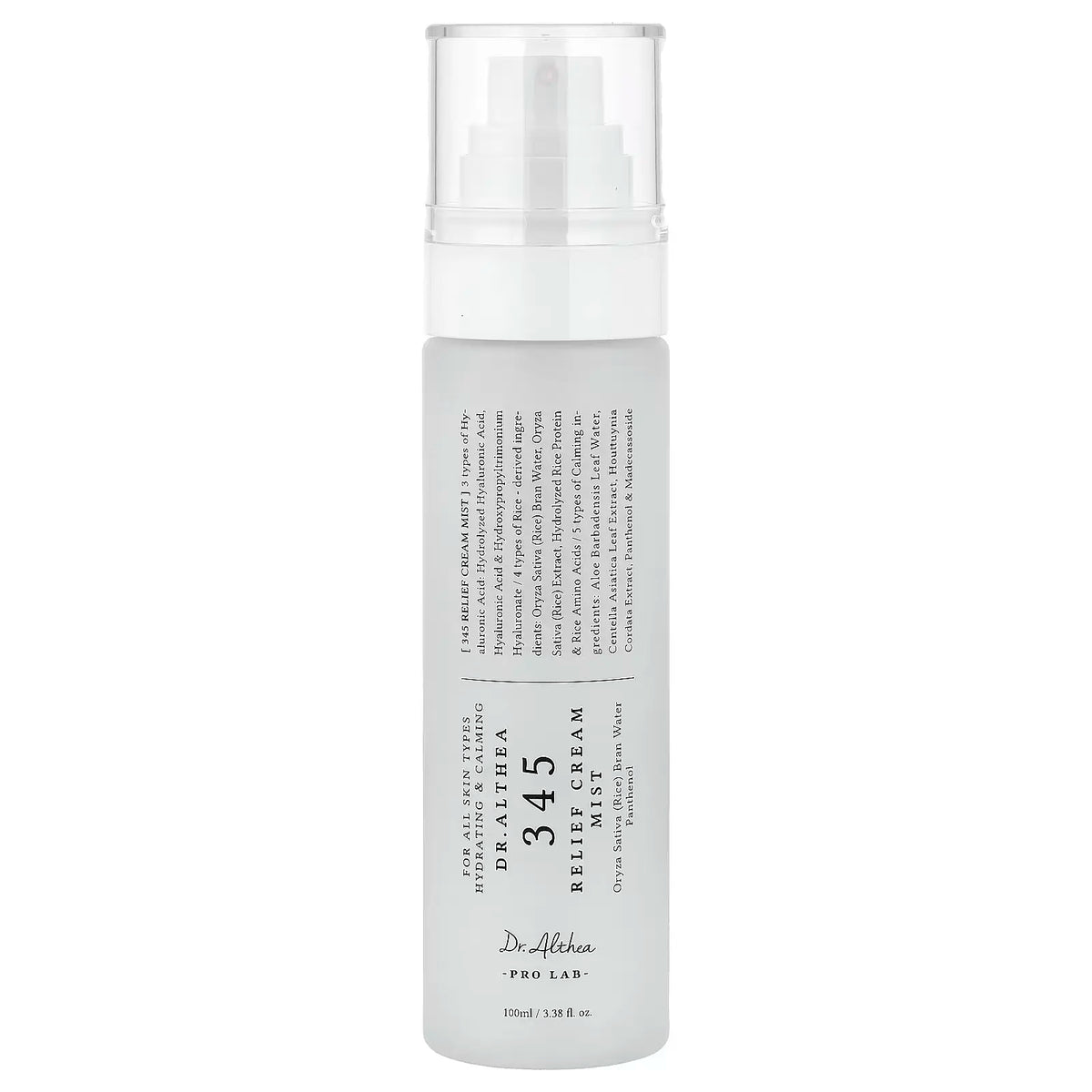 Dr. Althea 345 Relief Cream Mist 100ml, a frosted spray bottle with a clear cap