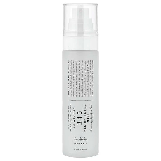 Dr. Althea 345 Relief Cream Mist 100ml, a frosted spray bottle with a clear cap