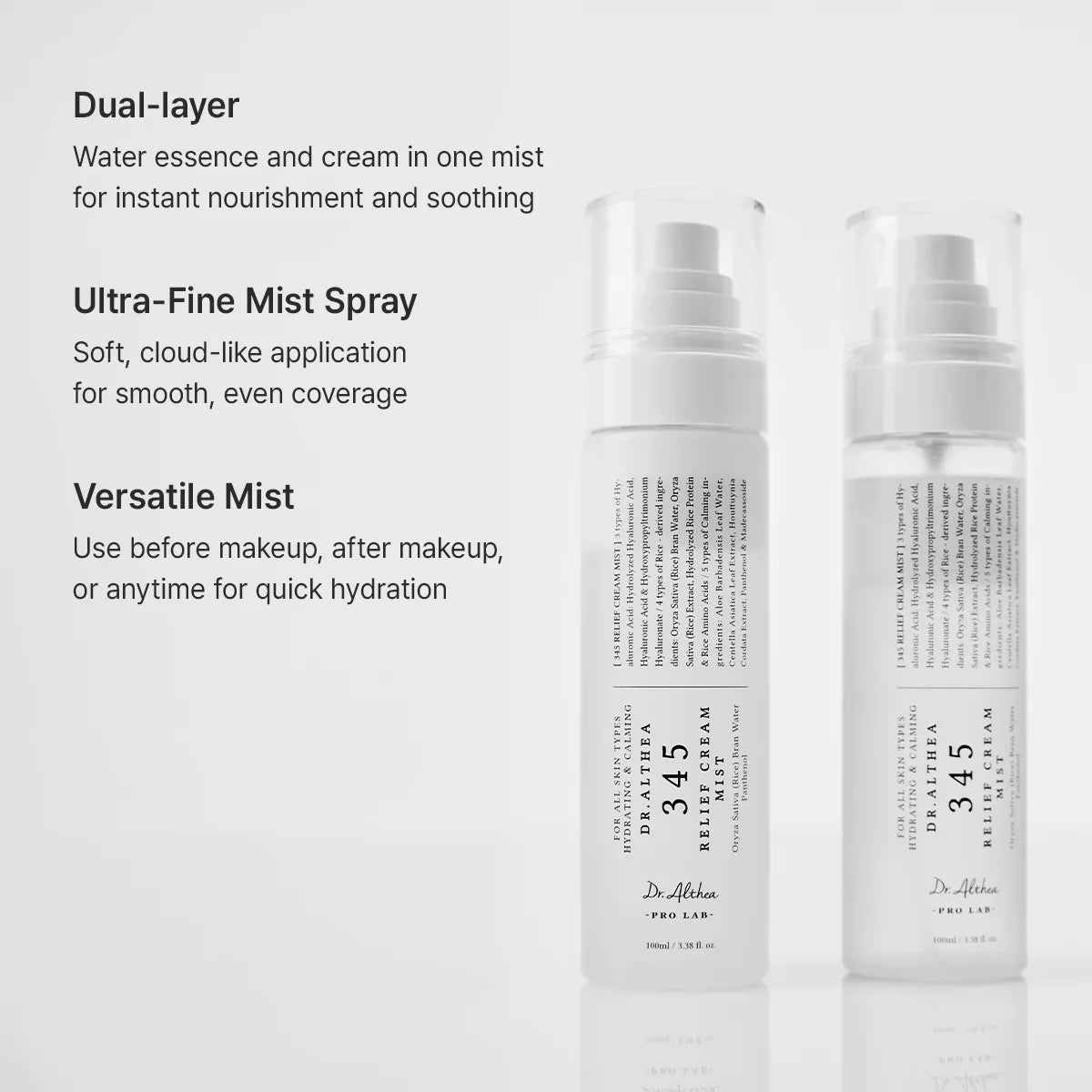 Two Dr. Althea 345 Relief Cream Mist bottles, a two-layer mist with a cream layer and a water layer