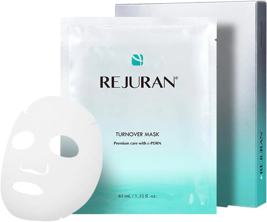Rejuran Turnover Mask box and sheet pouch next to an unfolded white sheet mask