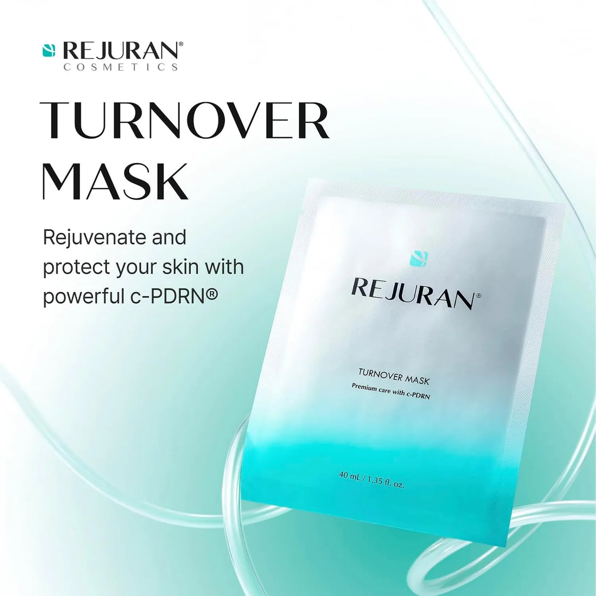Rejuran Turnover Mask 40ml pouch with c-PDRN on a soft teal background