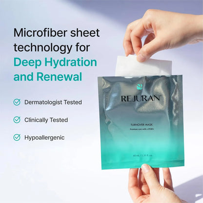 Hands pulling the white microfibre sheet out of a Rejuran Turnover Mask pouch