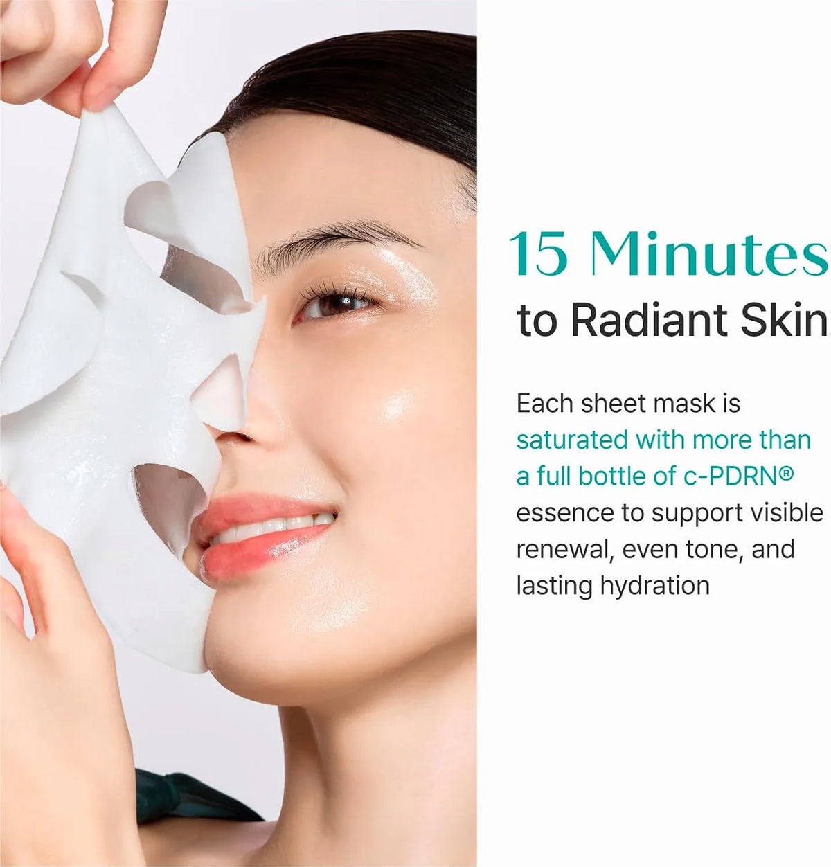 Woman peeling a Rejuran Turnover Mask sheet off her face