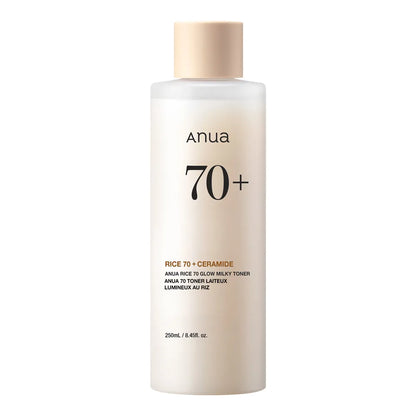 Anua Rice 70 Glow Milky Toner 250ml, white bottle with rice bran water and niacinamide
